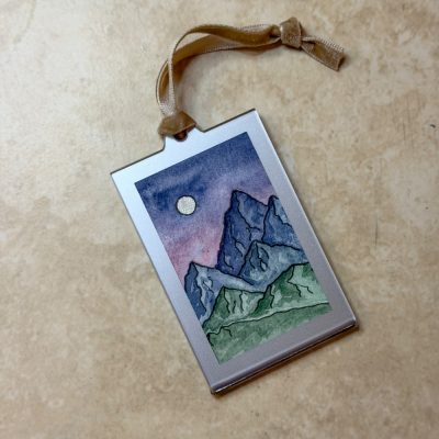 Moon and Mountains- Mini Watercolor Landscape Ornament (Original with Frame)