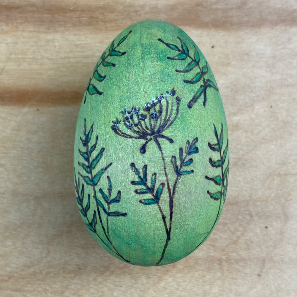 Green Floral- Original Wooden Egg- Woodburned with Watercolor - Image 4
