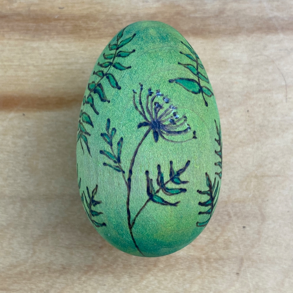 Green Floral- Original Wooden Egg- Woodburned with Watercolor - Image 3