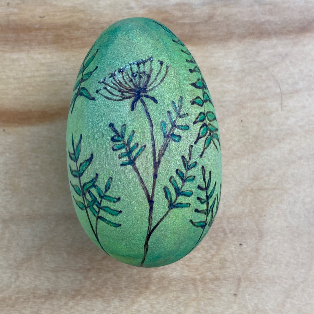 Green Floral- Original Wooden Egg- Woodburned with Watercolor - Image 2