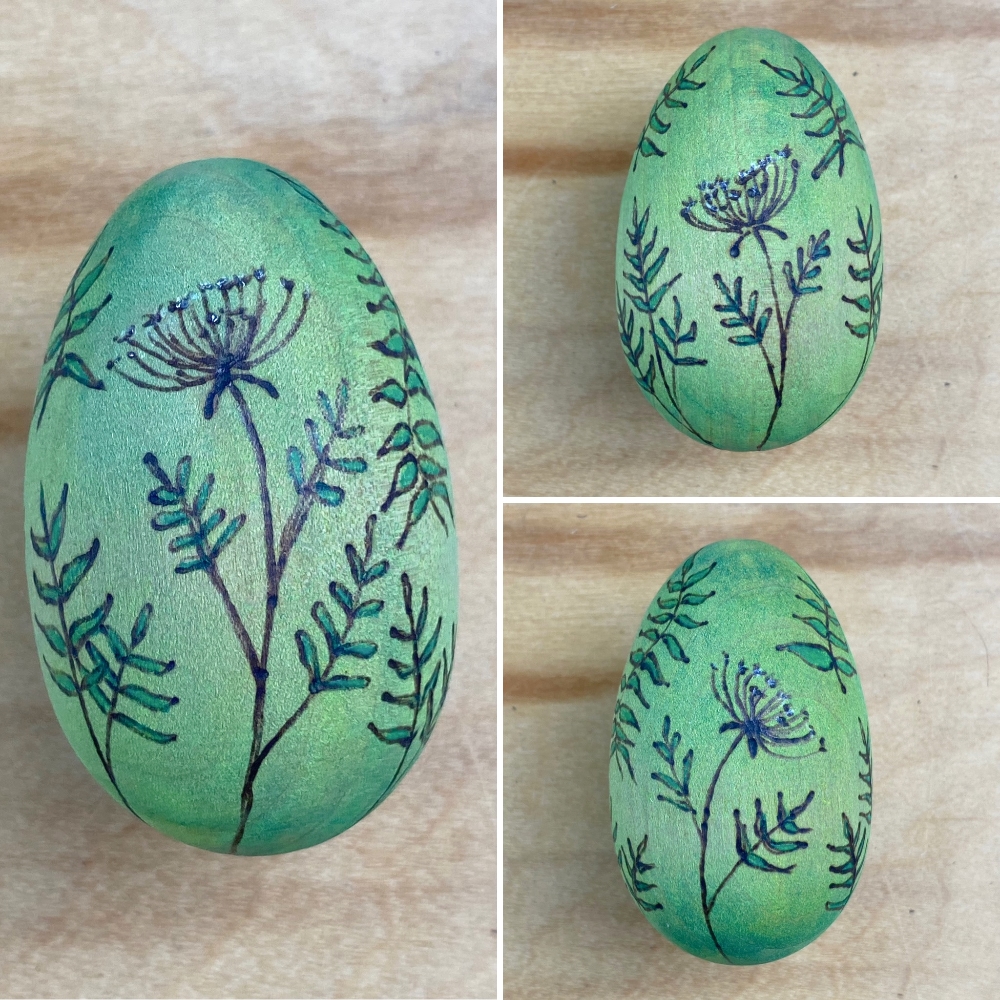 Green Floral- Original Wooden Egg- Woodburned with Watercolor